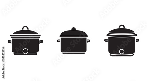 Three black crock pots with lids and handles for cooking and serving food  kitchen appliances