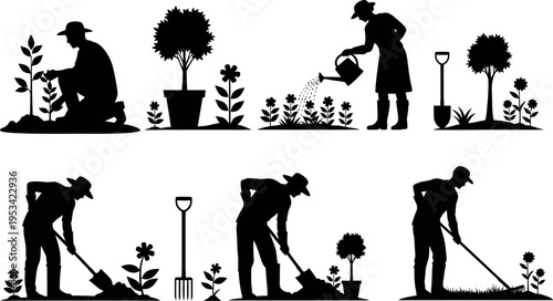 Silhouette of people gardening and landscaping with plants and tools  various activities shown