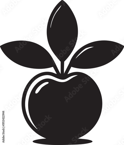 Apple vector graphic: black and white apple illustration with leaves eps silhouette