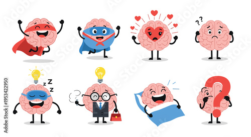 Creative set of brain characters expressing various emotions and themes like intelligence, love, sleep, and a superhero brain.