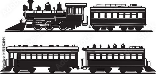 Vintage train vector illustration: steam engine and passenger cars eps silhouette