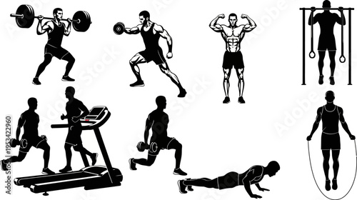 set of men exercising with various gym equipment and bodyweight exercises in different poses and positions