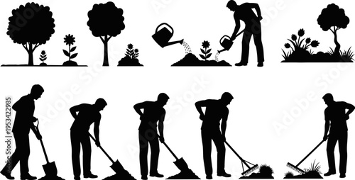 Silhouette illustrations of people gardening and landscaping activities with tools and plants