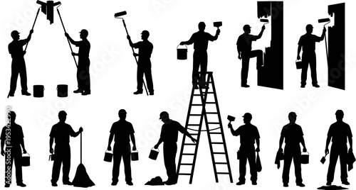 Silhouette of various people painting and using painting tools on a white background