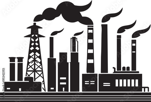 Factory pollution vector: industrial plant silhouette with smoke stacks eps