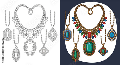 Ornate jewelry collection featuring gold necklaces and emerald pendants with colorful gemstones shown in both line and color art.