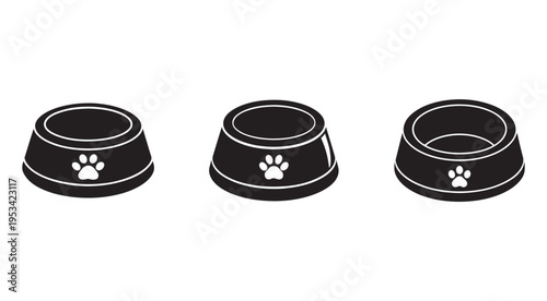 Three black dog food bowls with white paw prints on the side  isolated on white background