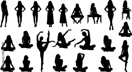 collection of black silhouettes of women in various yoga poses and everyday activities on white background