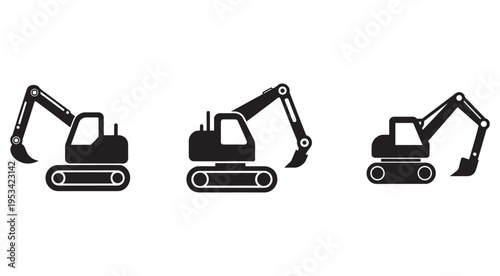 Three black excavator machines with long arms and buckets on tracks side by side on white background  heavy construction equipment