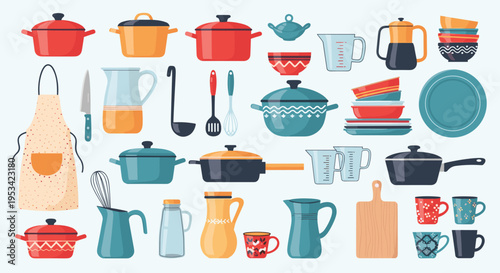 Comprehensive collection of kitchenware and cooking tools featuring colorful pots, pans, ceramics, mugs, and various utensils.