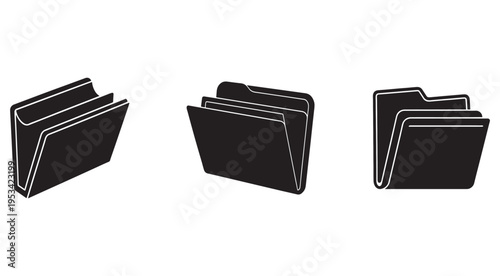 Three black file folder icons in different angles  office organization and document storage symbols used for business and productivity  isolated on white background