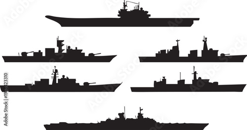 Naval warship silhouette vector: aircraft carrier, destroyer, frigate graphics eps