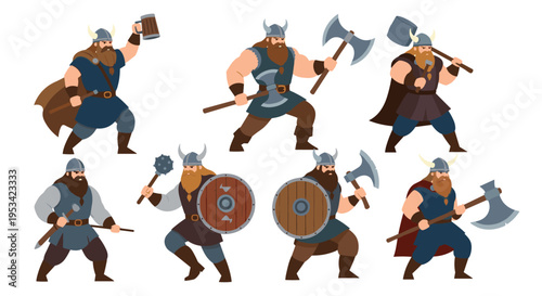 Collection of viking warrior characters depicted with traditional equipment including axes, hammers, shields, and horned helmets.