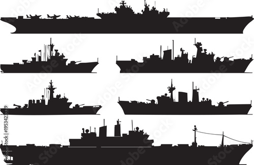 Naval ship silhouettes vector: aircraft carrier, destroyer, frigate graphics eps