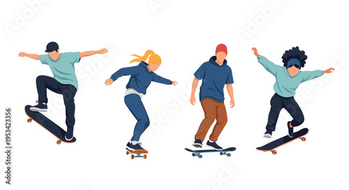 Four diverse teenagers practicing skateboarding tricks and cruising in stylish outfits shown against a white background.