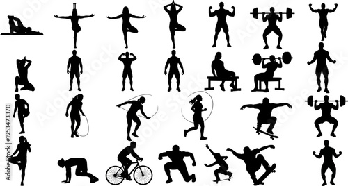 Collection of various fitness and sports activities in silhouette form on white background