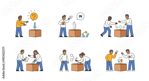 Sequence of flat illustrations showing diverse people interacting with cardboard boxes to represent logistics and moving processes.
