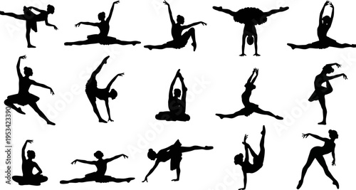 silhouette of multiple women in various yoga poses on white background