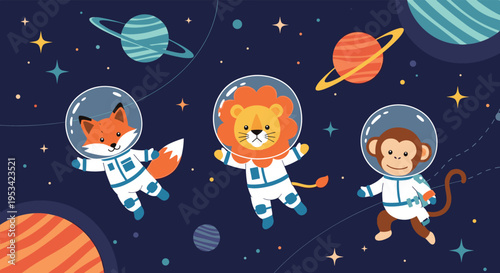 Adorable children's illustration of a fox, lion, and monkey wearing astronaut suits and floating in a starry space environment.