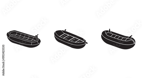 Three black inflatable boats with white lines on white background  simple watercraft illustrations