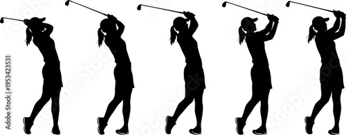 Silhouettes of women playing golf in various swing positions on white background