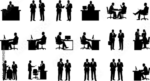 Collection of business people working in office silhouettes on white background
