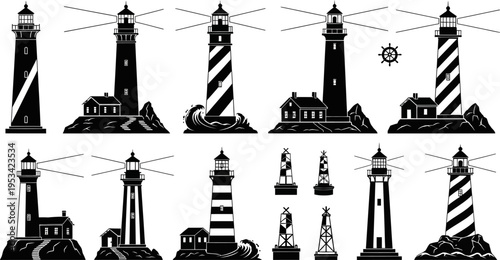 Collection of various lighthouse silhouettes and icons in black on white background