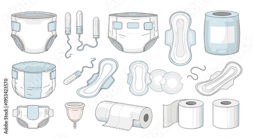 Comprehensive collection of personal hygiene and sanitary products including diapers, pads, tampons, and menstrual cups.