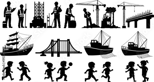 black silhouettes of construction workers ships bridges and children playing on white background