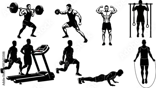 Set of illustrations of a man exercising with various fitness equipment and bodyweight exercises