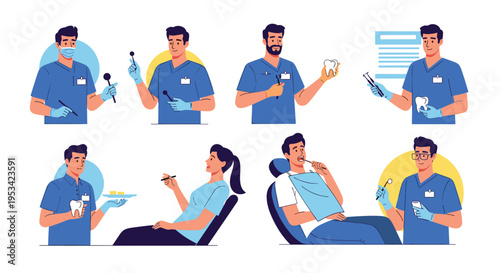 Diverse illustrations of professional dentists providing care to patients and showing various dental tools and procedures.