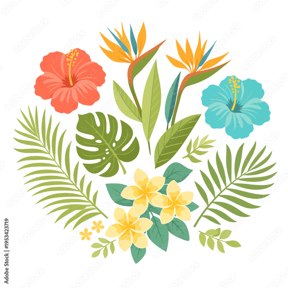 Obraz premium Tropical flower and leaf vector set featuring hibiscus, bird of paradise, plumeria, monstera, and palm foliage, perfect for summer design, exotic branding, and botanical decor