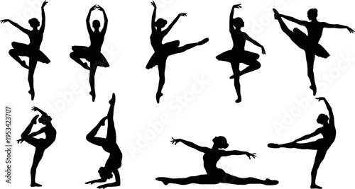 Collection of various ballet dancers in different poses on white background