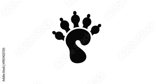 Bold black silhouette of a large animal paw print with five toes isolated on a clean white background representing nature and wildlife tracks.