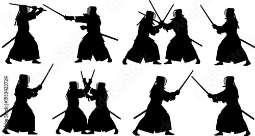 Set of kendo practitioners in various fighting stances with swords  martial arts silhouettes