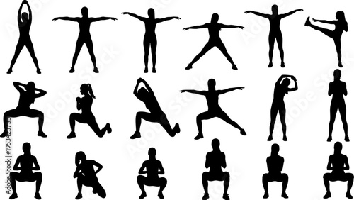 set of black silhouettes of people exercising and stretching in various poses