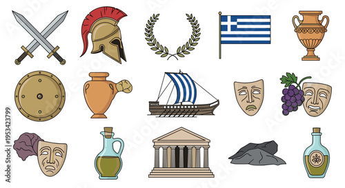 Variety of ancient Greek cultural artifacts and icons including a helmet, swords, trireme ship, amphorae, and dramatic theatrical masks.