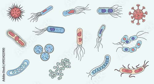 Diverse array of colorful microscopic organism illustrations including various types of bacteria, viruses, germs, and infectious pathogens.