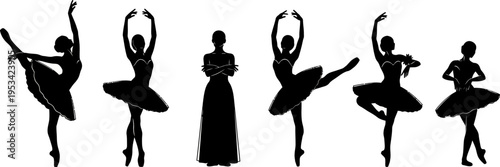 set of black silhouettes of ballerinas in various dance poses on white background