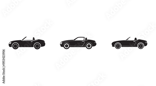 Three black silhouette convertible sports cars in different angles on white background  side view