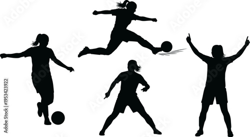 silhouette of women playing soccer in various poses on white background