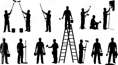 Silhouette of various people painting and working with tools on white background