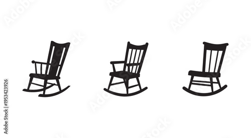 Three black rocking chairs in different positions on white background  furniture design elements