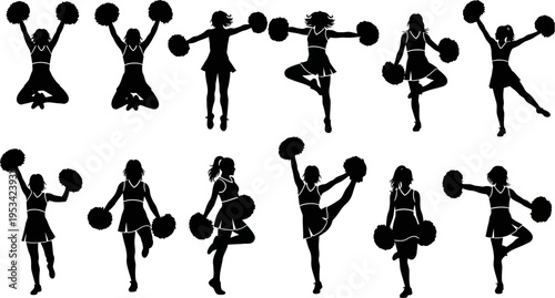 set of cheerleaders in various poses with pom poms isolated on white background