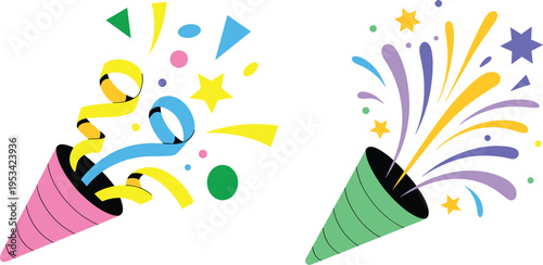 Party popper confetti explosion vector set, colorful celebration burst streamers festive event decoration illustration design