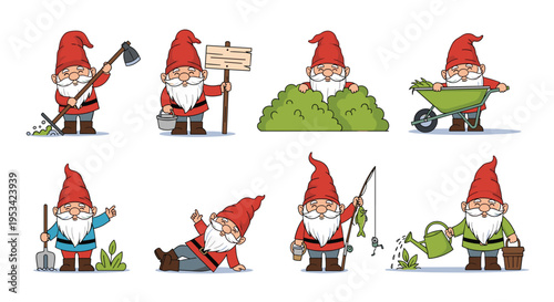 Group of cheerful garden gnome characters participating in different outdoor activities like gardening, fishing, and relaxing in the sun.