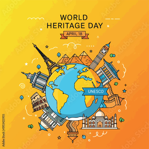 World Heritage Day graphic with global landmarks on a vibrant gradient background