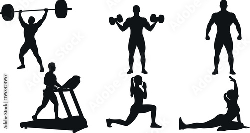 Silhouette of people exercising with dumbbells and on treadmill in various fitness poses