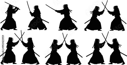 Set of samurai silhouettes in various fighting poses with swords isolated on white background