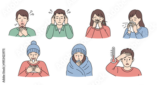 Set of people exhibiting various common symptoms of being sick such as coughing, sneezing, headache, fever, and feeling very cold.